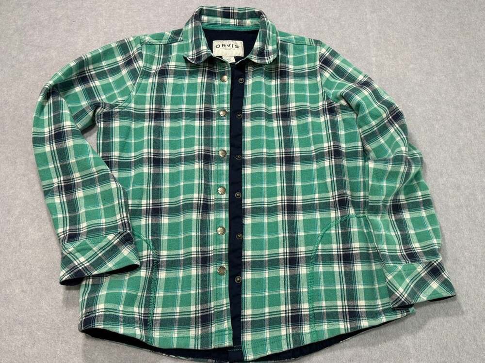 Orvis Flannel Fleece Lined Shirt Jacket Size Small Green Plaid